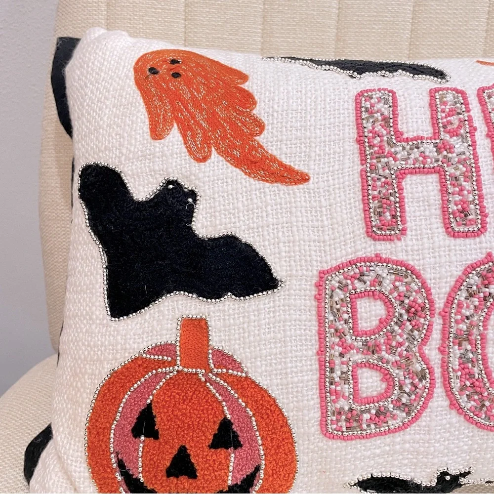 Trick or Treat Hey Boo Beaded Halloween Lumbar Pillow Pink Orange Ghost Pumpkin‎